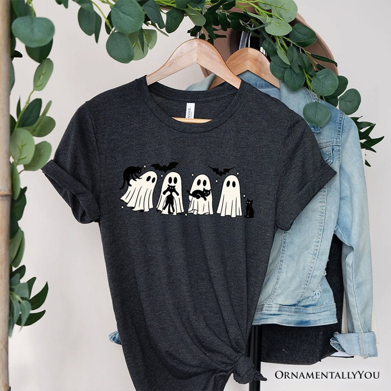 Ghosts and Cats Spooky T-Shirt, Whimsical Halloween Tee for Cozy Autumn Season